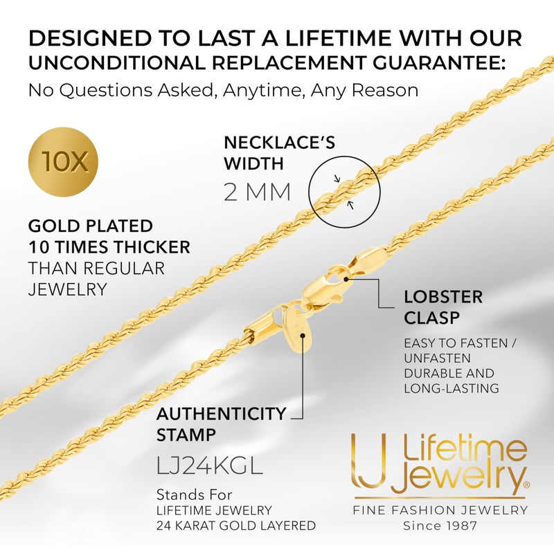 LIFETIME JEWELRY 2mm Gold Rope Chain for Men & Women 24k Real Gold Plated Diamond Cut Gold Necklace for Women & Necklace for Men 14 to 36 Inch | Gold | White Gold (24 inches, Gold) - Image 5